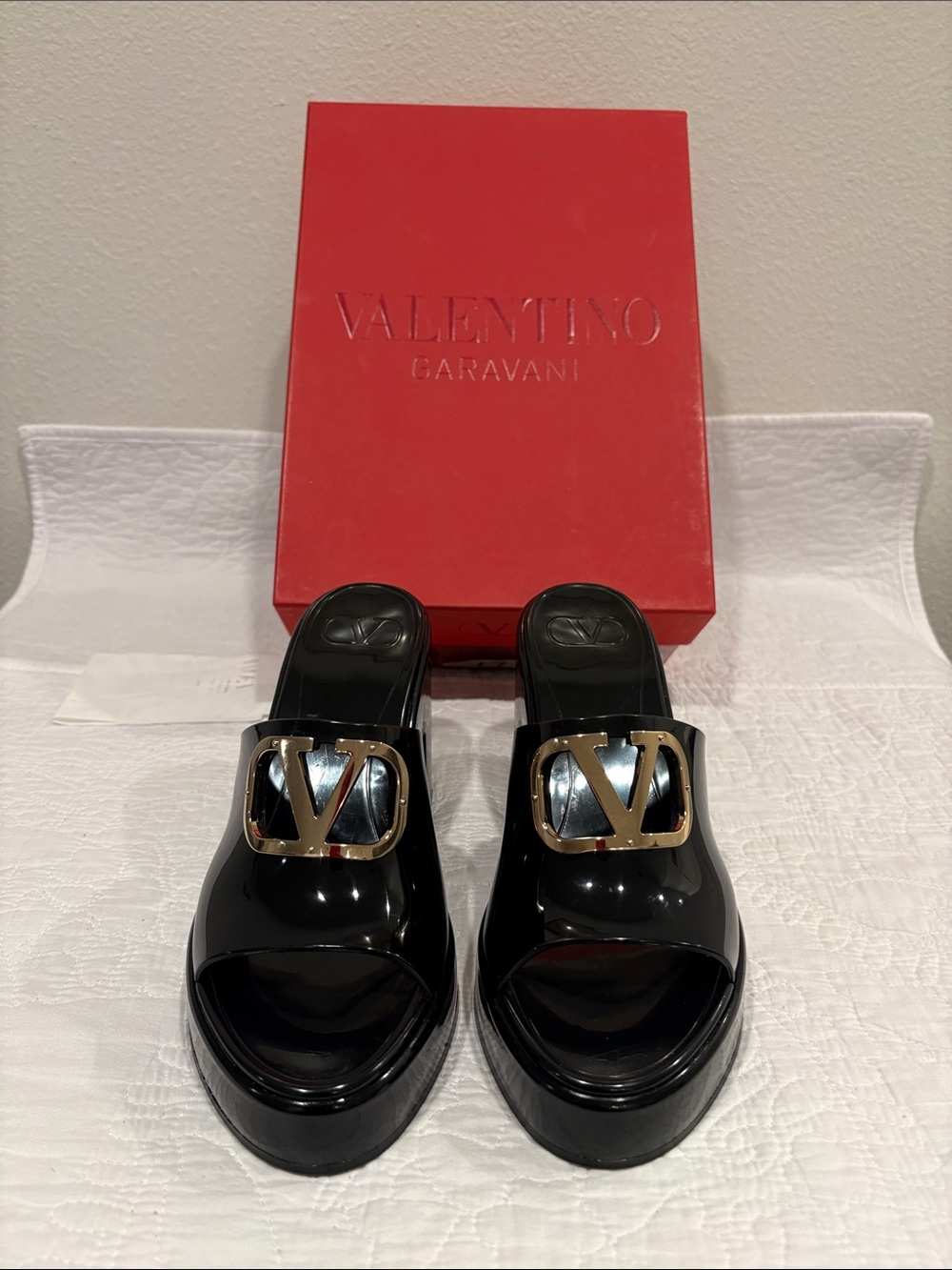 Valentino Garavani Black Patent Slide Mules with Gold V Logo